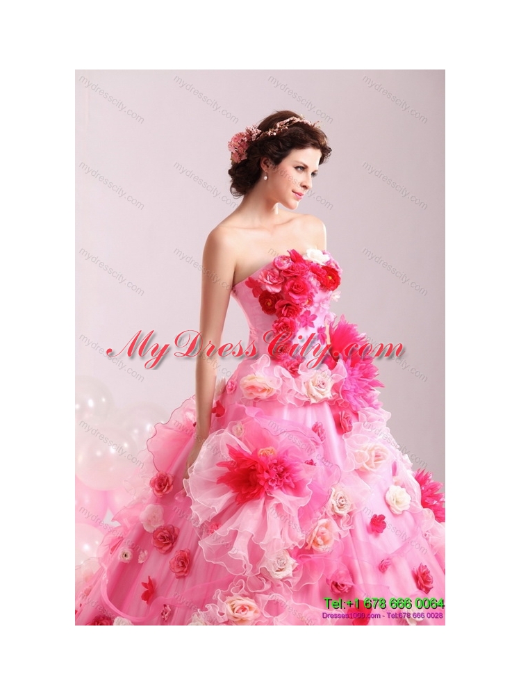 Multi Color Strapless colored Wedding Gown with Hand Made Flower and Chapel Train