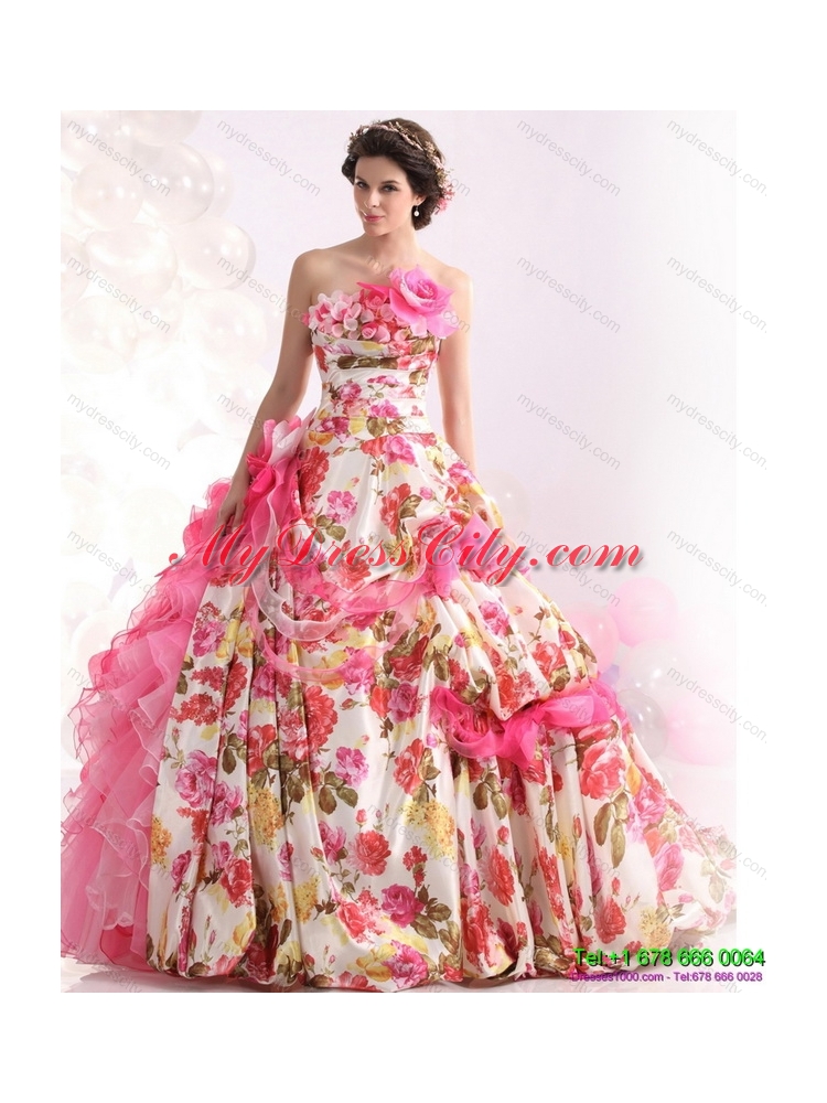 Ruffles Multi Color colored Bridal Gown with  Brush Train and Hand Made Flowers