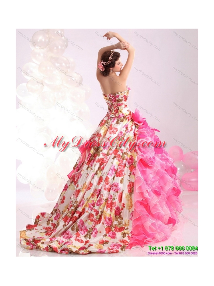 Ruffles Multi Color colored Bridal Gown with  Brush Train and Hand Made Flowers