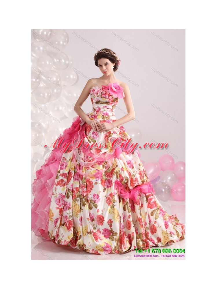 Ruffles Multi Color colored Bridal Gown with  Brush Train and Hand Made Flowers