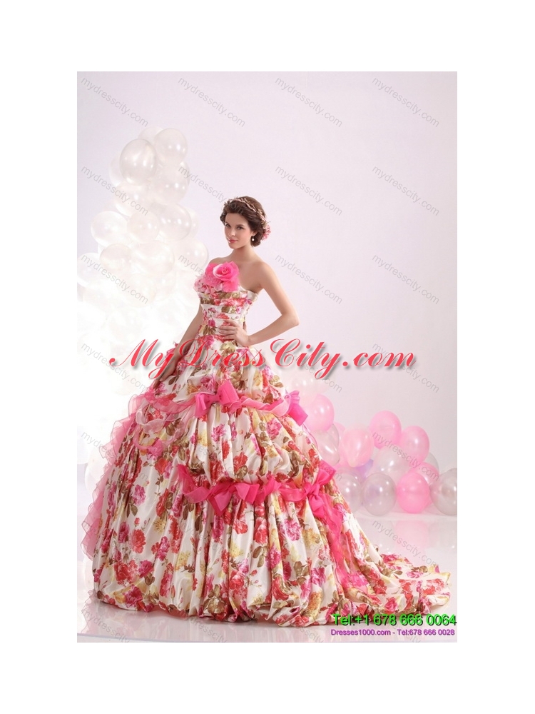 Ruffles Multi Color colored Bridal Gown with  Brush Train and Hand Made Flowers