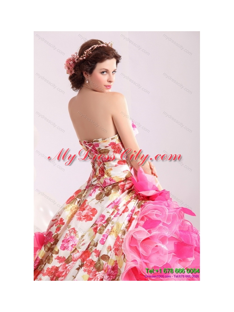 Ruffles Multi Color colored Bridal Gown with  Brush Train and Hand Made Flowers