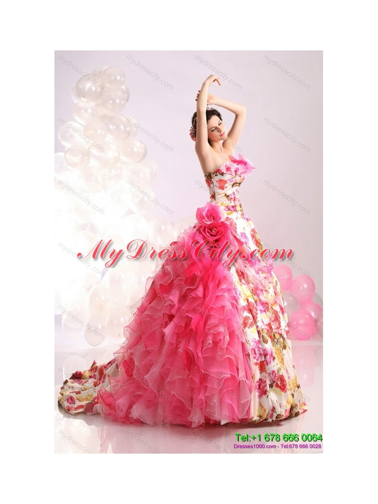 Ruffles Multi Color colored Bridal Gown with  Brush Train and Hand Made Flowers