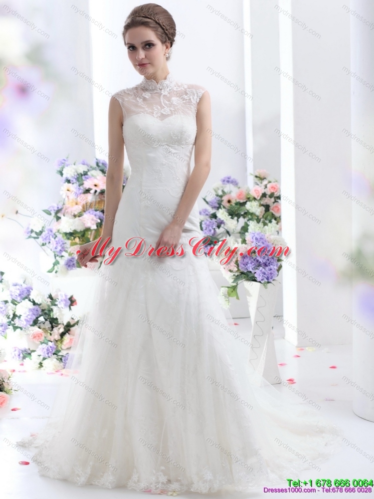 Cute White Laced Wedding Dresses with Brush Train