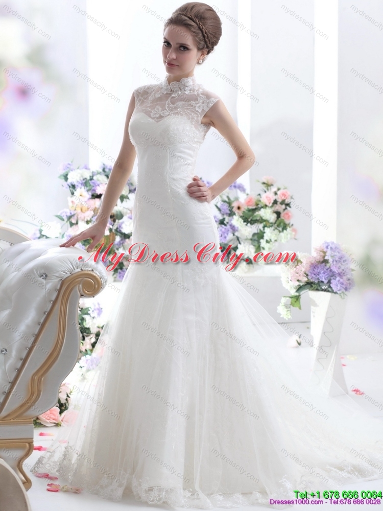 Cute White Laced Wedding Dresses with Brush Train