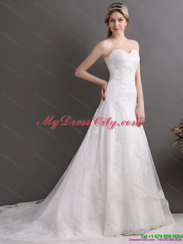 Gorgeous Laced Brush Train White Wedding Dresses in White