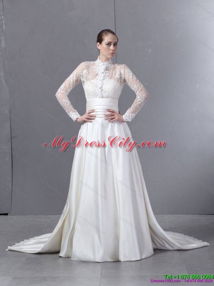 Ruched Strapless White Lace Wedding Dresses with Brush Train