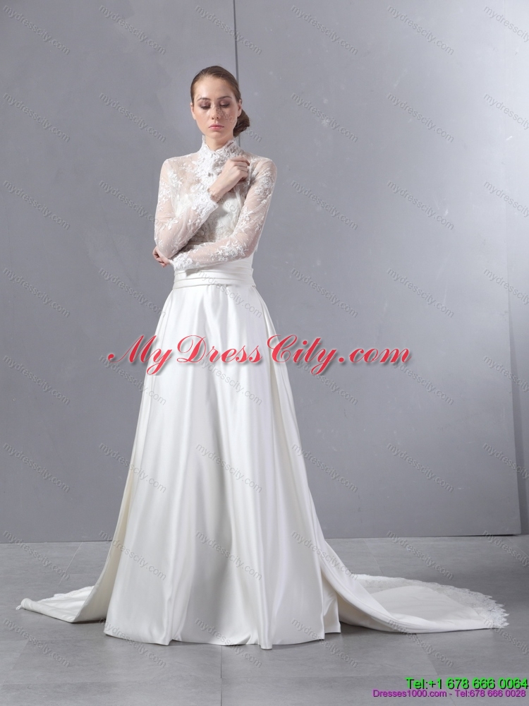 Ruched Strapless White Lace Wedding Dresses with Brush Train