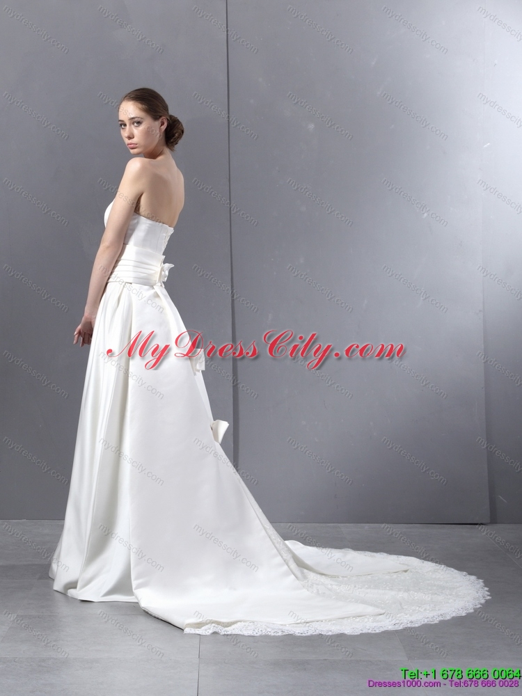 Ruched Strapless White Lace Wedding Dresses with Brush Train