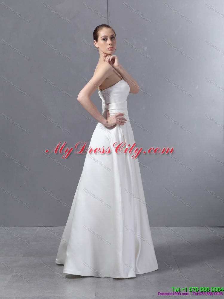 Ruched Strapless White Lace Wedding Dresses with Brush Train