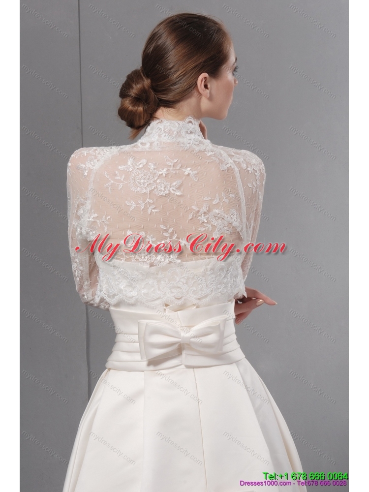 Ruched Strapless White Lace Wedding Dresses with Brush Train