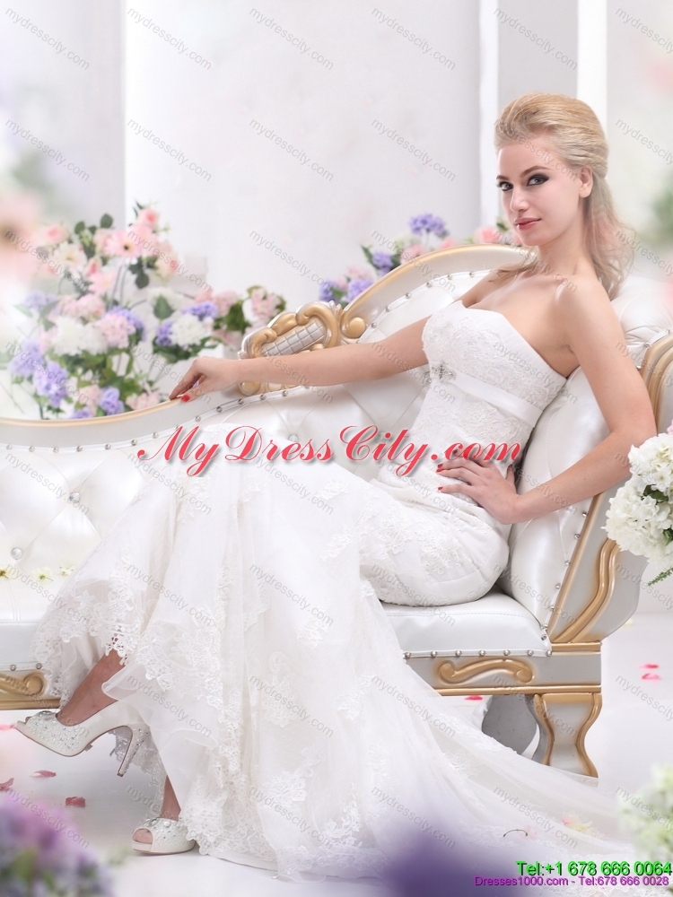 White Sweetheart Beading and Lace Wedding Dresses with  Brush Train