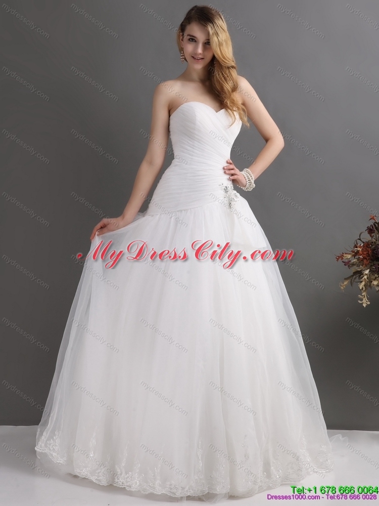 White Sweetheart Lace and Ruching Bridal Gowns with Brush Train