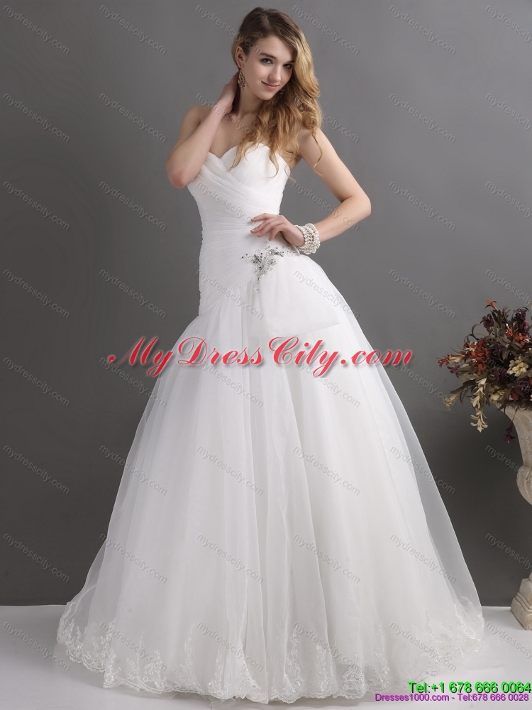 White Sweetheart Lace and Ruching Bridal Gowns with Brush Train