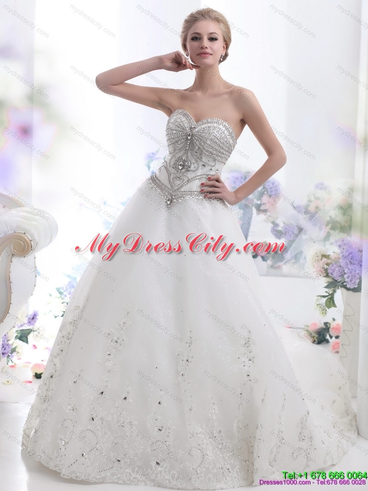 White Sweetheart Rhinestones Lace  Wedding Dresses with Brush Train