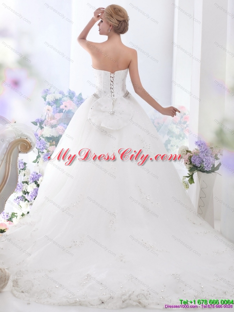 White Sweetheart Rhinestones Lace  Wedding Dresses with Brush Train