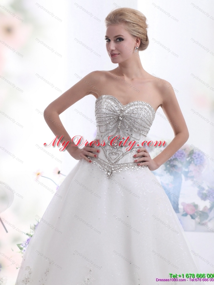 White Sweetheart Rhinestones Lace  Wedding Dresses with Brush Train