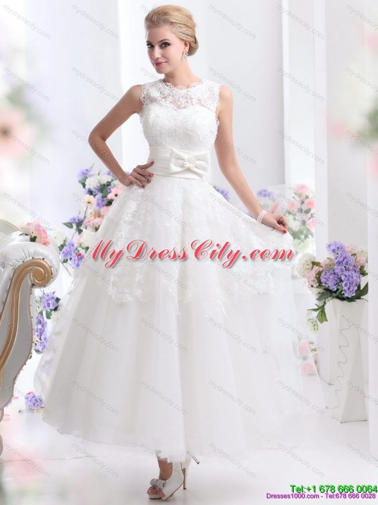 2015 Cute Scoop Ankle length Lace Wedding Dresses with Lace and Bowknot