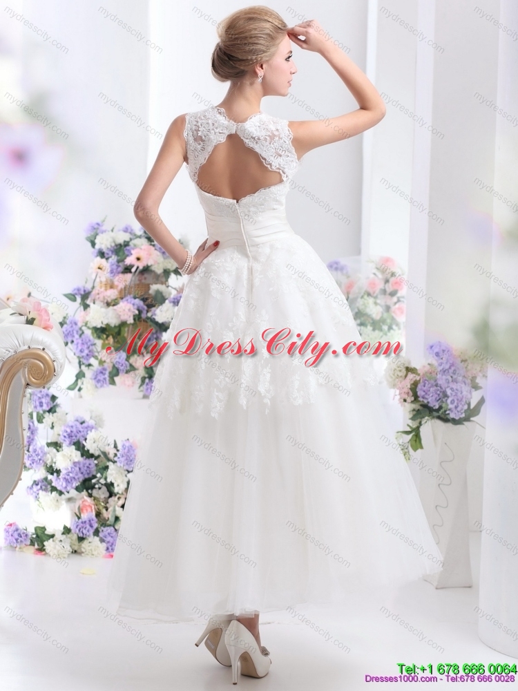 2015 Cute Scoop Ankle length Lace Wedding Dresses with Lace and Bowknot