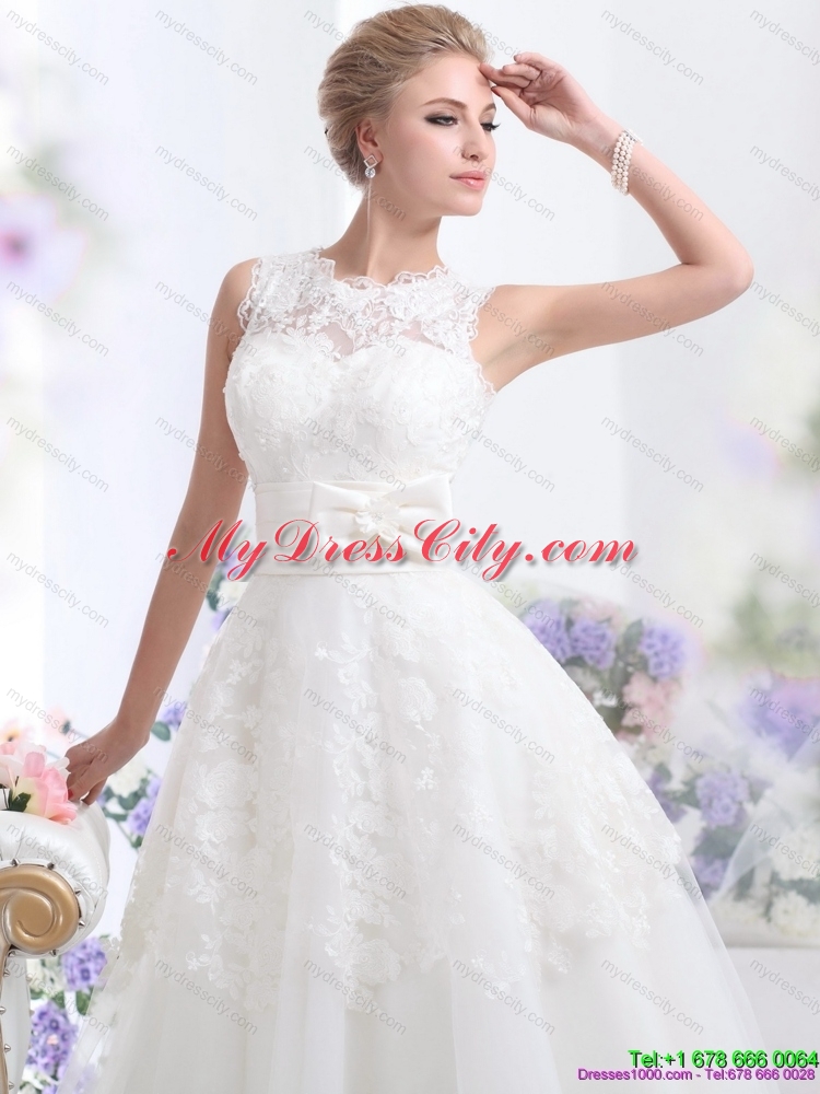 2015 Cute Scoop Ankle length Lace Wedding Dresses with Lace and Bowknot