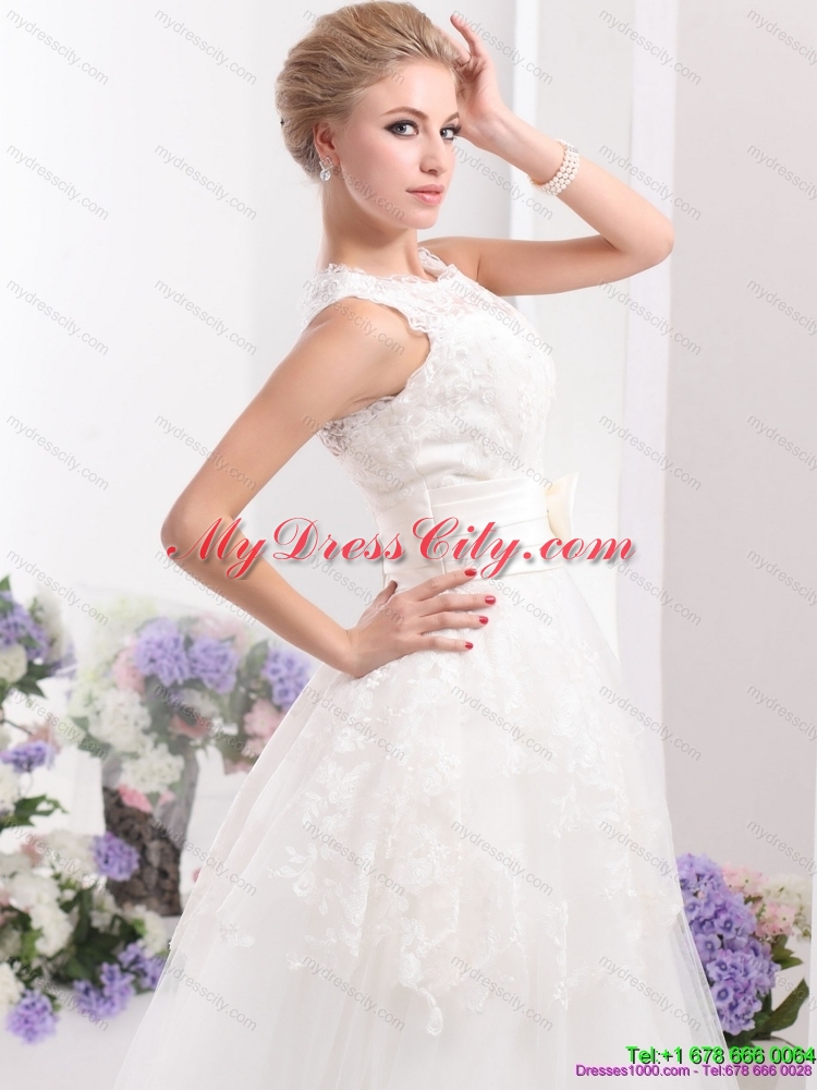 2015 Cute Scoop Ankle length Lace Wedding Dresses with Lace and Bowknot