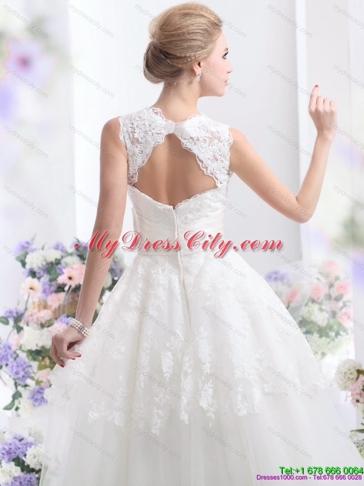 2015 Cute Scoop Ankle length Lace Wedding Dresses with Lace and Bowknot