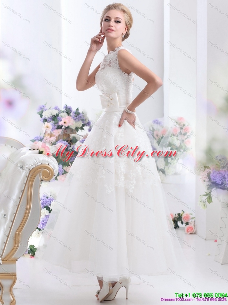 2015 Cute Scoop Ankle length Lace Wedding Dresses with Lace and Bowknot