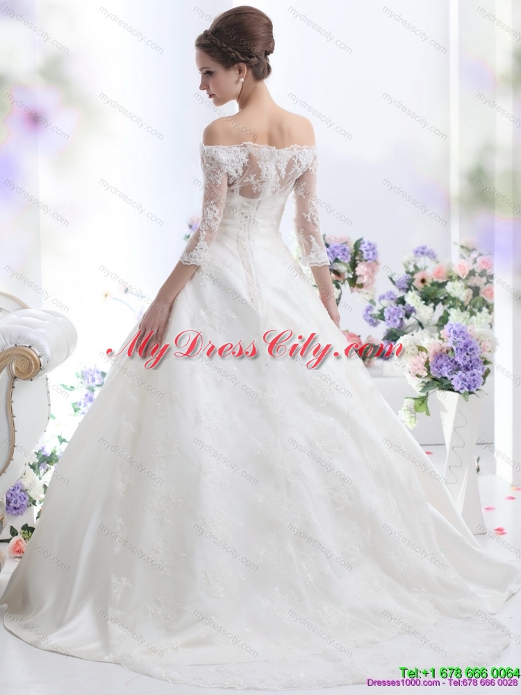 2015 Elegant Off the Shoulder Lace Wedding Dress with 3/4 Length Sleeve