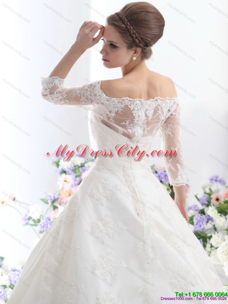 2015 Elegant Off the Shoulder Lace Wedding Dress with 3/4 Length Sleeve