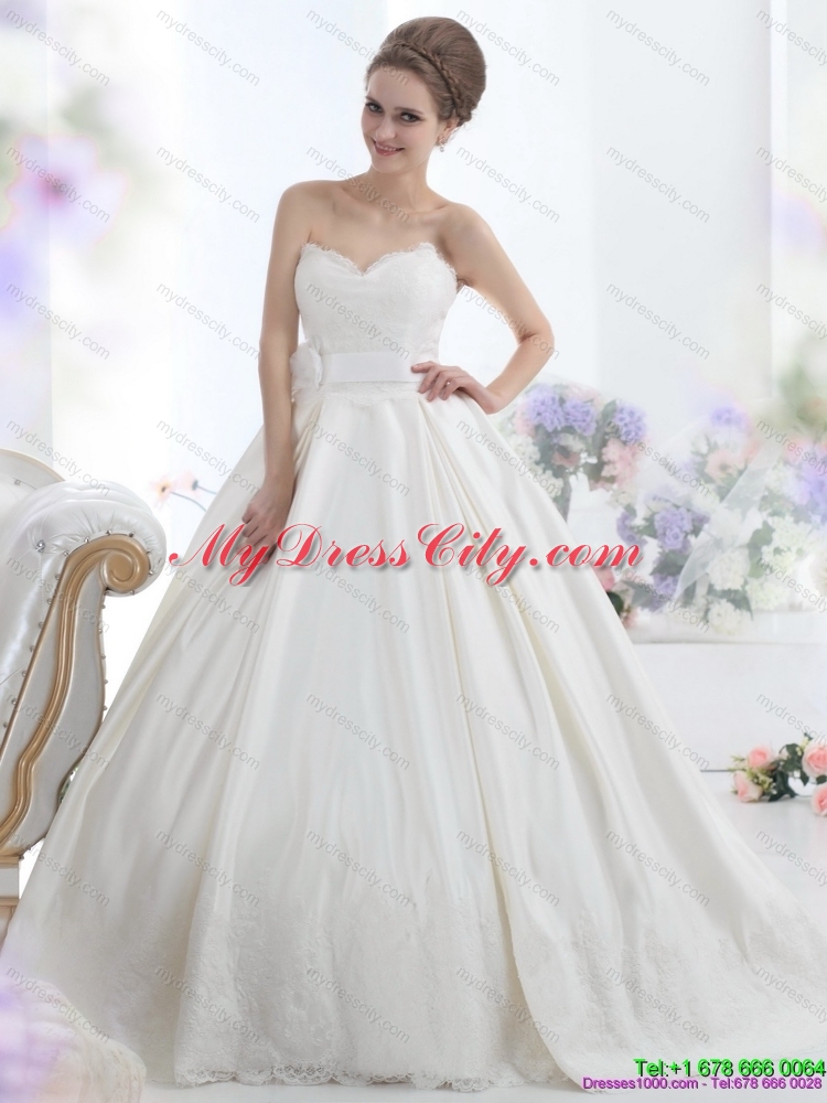 2015 Modest Sweetheart Wedding Dress with Lace and Sashes