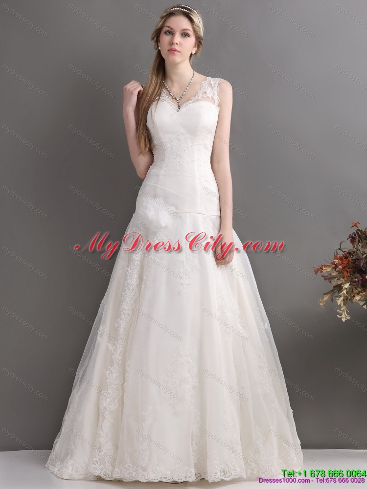 2015 Perfect A Line Wedding Dress with Lace and Hand Made Flowers