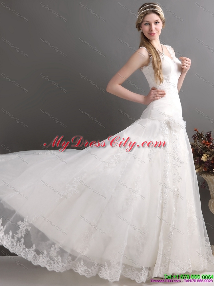 2015 Perfect A Line Wedding Dress with Lace and Hand Made Flowers