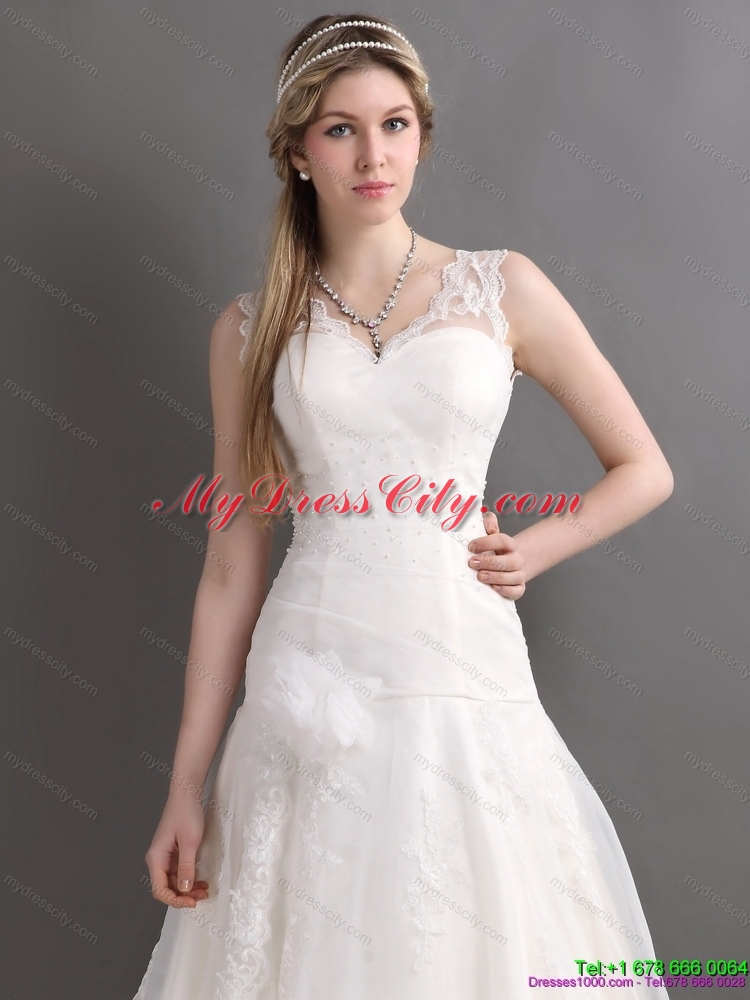 2015 Perfect A Line Wedding Dress with Lace and Hand Made Flowers