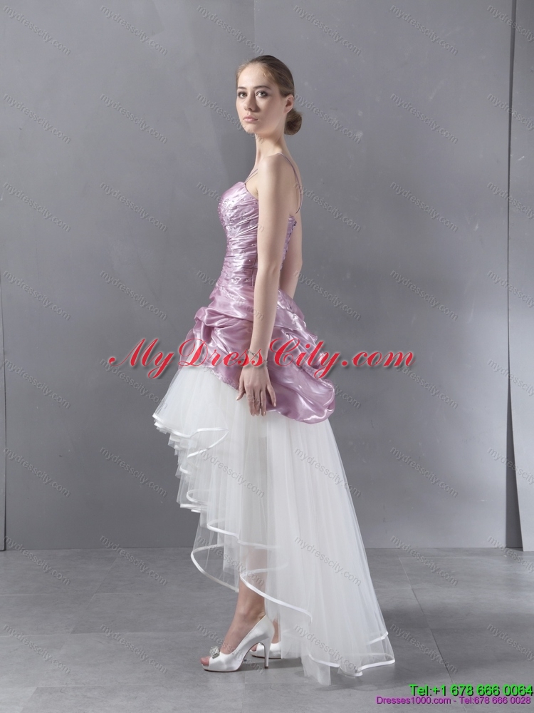 Ruched High Low Beaded Wedding Gowns in White and Lilac