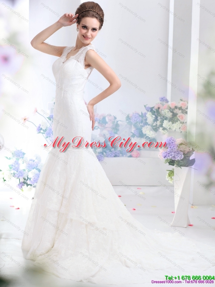 2015 Gorgeous Lace White Wedding Dresses with Brush Train