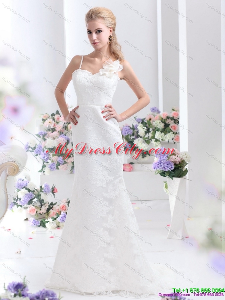 Discount White Column Lace Wedding Dresses with Brush Train and Hand Made Flower