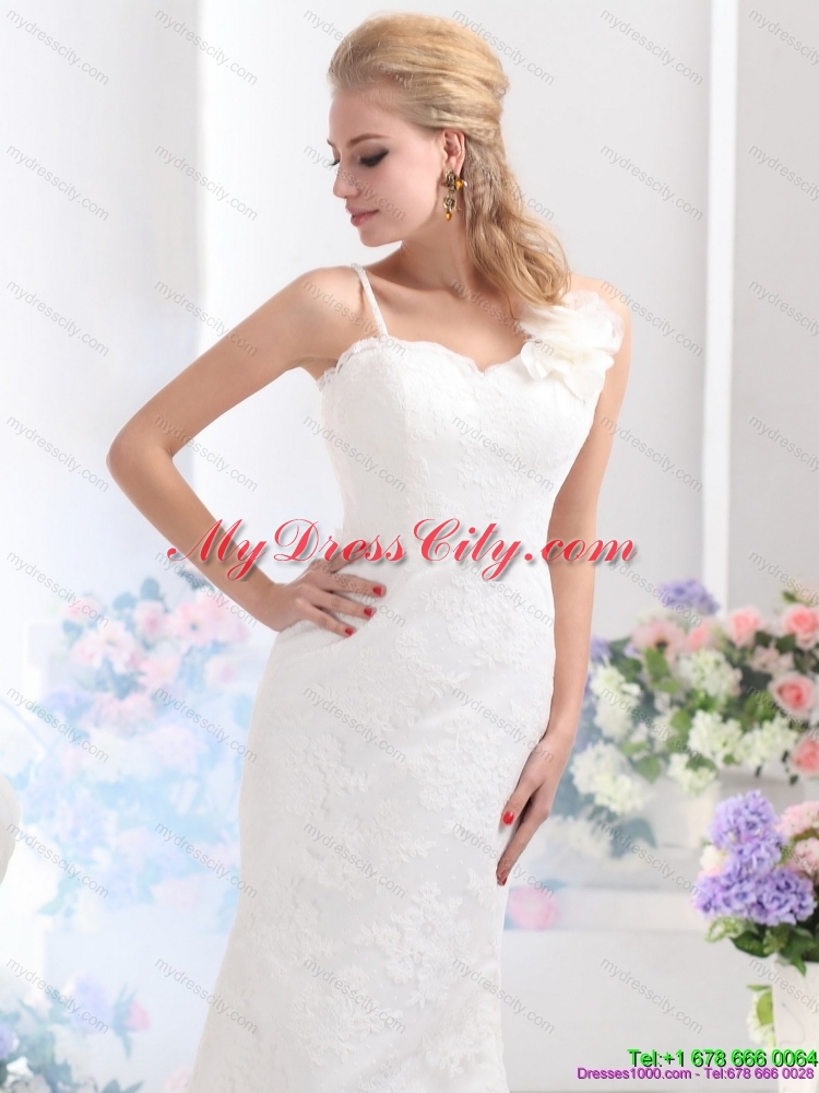 Discount White Column Lace Wedding Dresses with Brush Train and Hand Made Flower