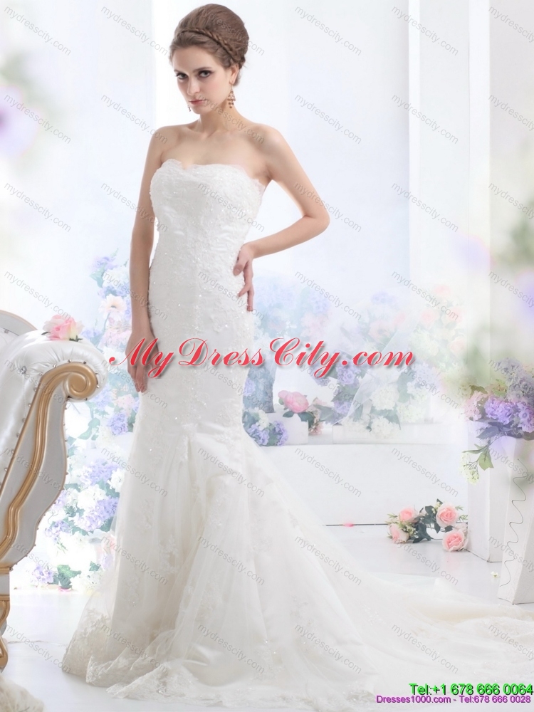 Fashionable Lace White Mermaid Wedding Dress with Brush Train for 2015