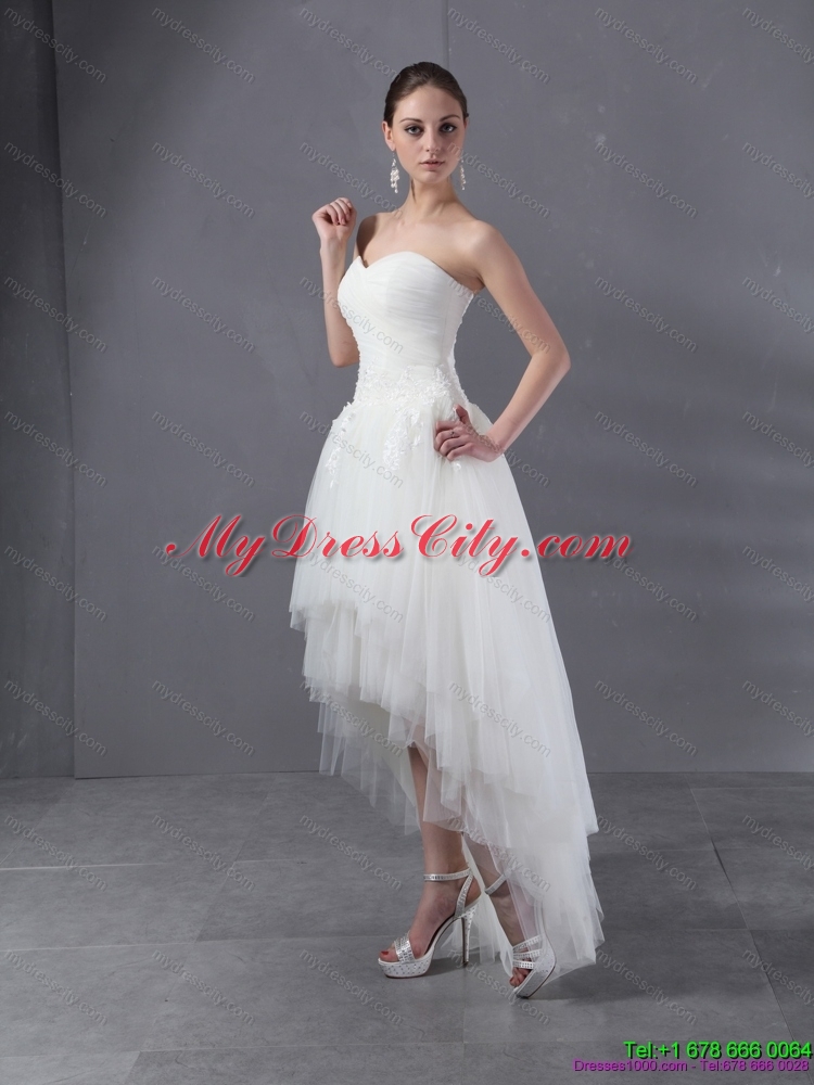 High Low White Sweetheart Wedding Dresses with Ruching and Appliques