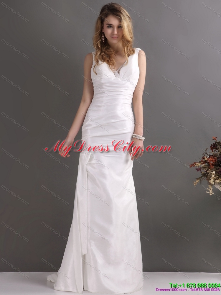 Perfect White V Neck Ruching Bridal Dresses with  Brush Train