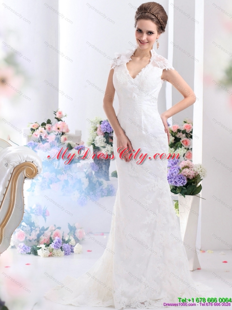 Popular White V Neck Lace 2015 Mermaid Bridal Gown with Brush Train