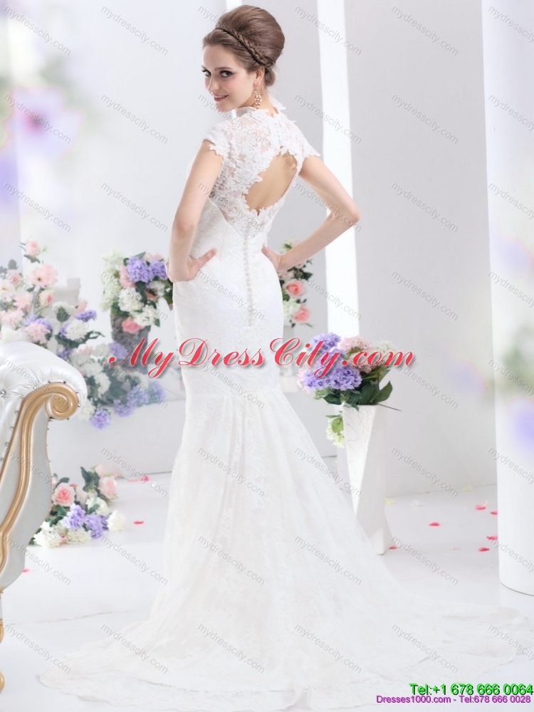 Popular White V Neck Lace 2015 Mermaid Bridal Gown with Brush Train