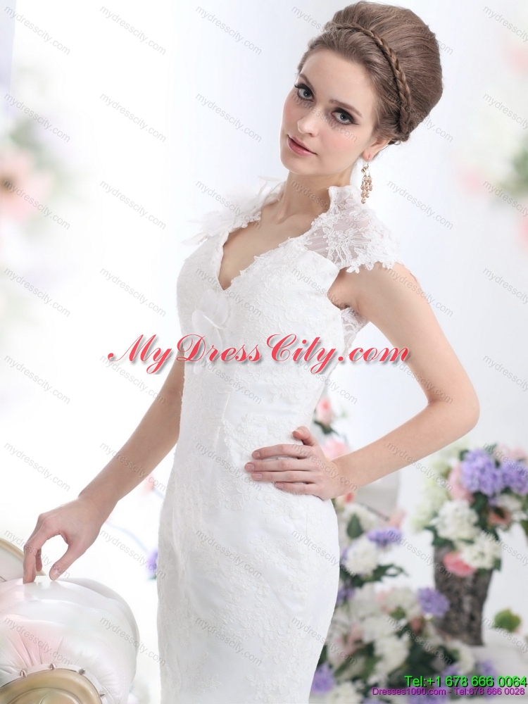 Popular White V Neck Lace 2015 Mermaid Bridal Gown with Brush Train