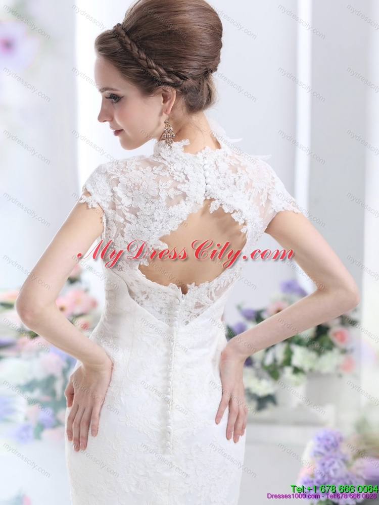 Popular White V Neck Lace 2015 Mermaid Bridal Gown with Brush Train