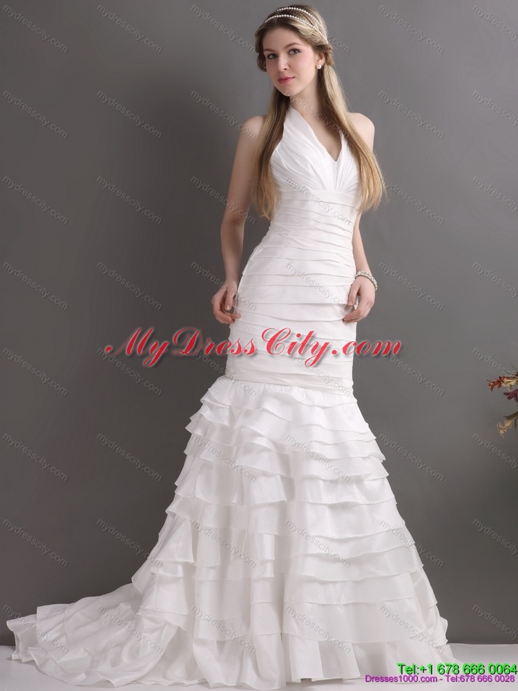 Unique White Halter Top Mermaid Bridal Gowns with Ruffled Layers and Ruching