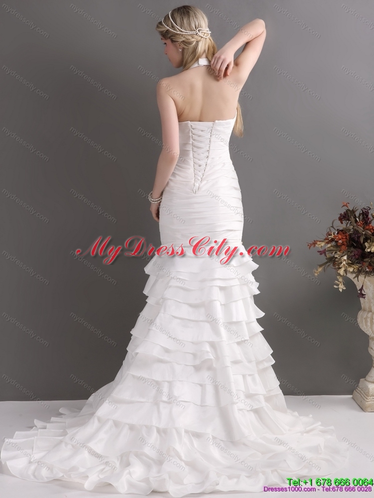 Unique White Halter Top Mermaid Bridal Gowns with Ruffled Layers and Ruching