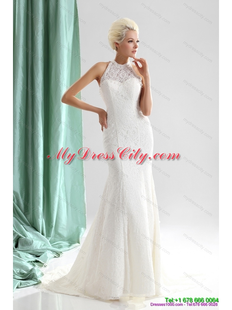 Unique White High Neck Lace Mermaid Bridal Dresses with  Brush Train