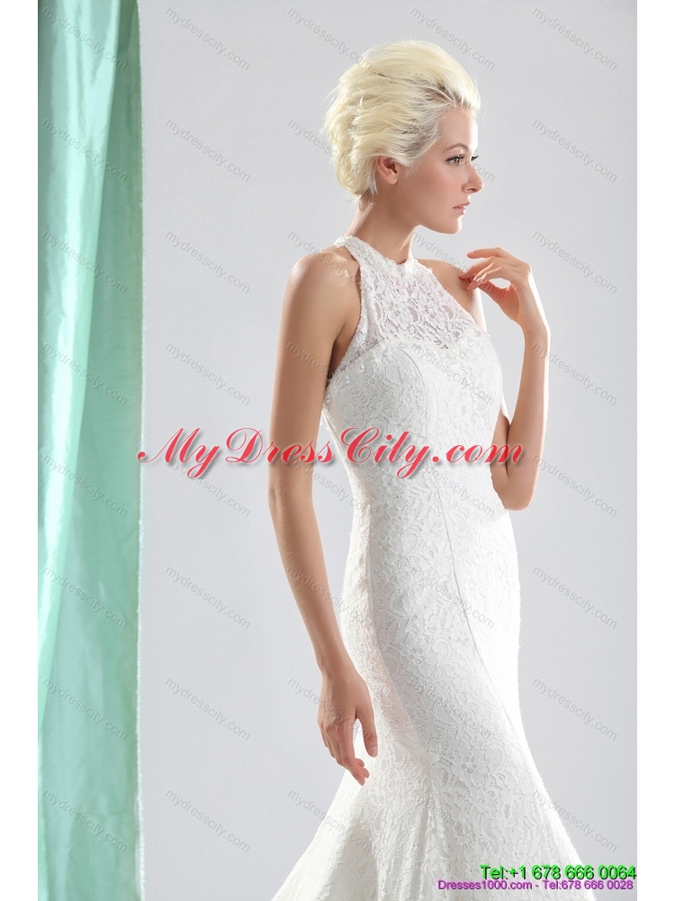 Unique White High Neck Lace Mermaid Bridal Dresses with  Brush Train