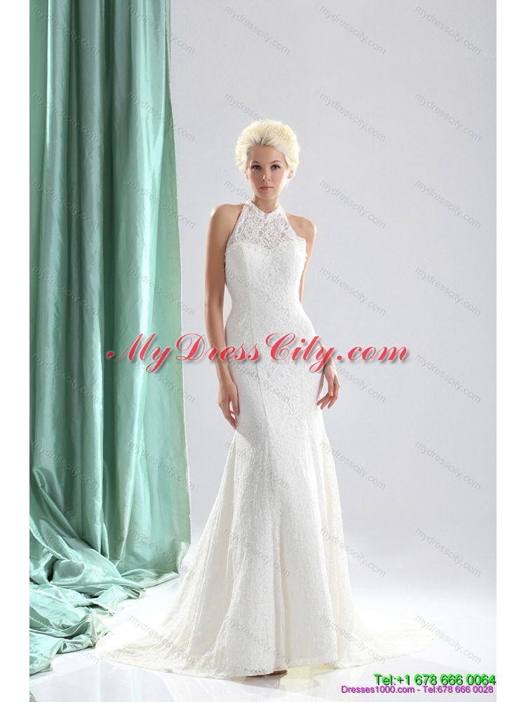 Unique White High Neck Lace Mermaid Bridal Dresses with  Brush Train