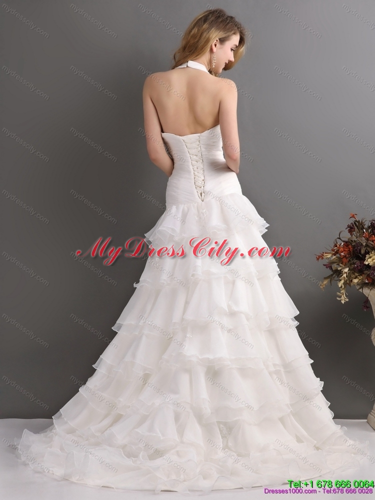 White Halter Top Beading Wedding Dresses with Ruffled Layers and Brush Train